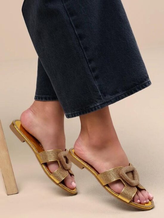 Chase + Chloe Shoes - Women’s Rhinestone Slide Sandals – Sparkling Buckle Accent Flat Sandals